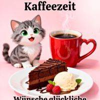 Niedliche Katze neben roter Kaffeetasse und Teller mit Schokokuchen, Eis und Himbeeren