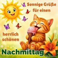 Fröhliche Sonne und Kätzchen schlecken Erdbeereis, umgeben von bunten Schmetterlingen und Blumen