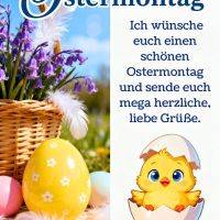 Ostergruß mit Korb voller lila Blumen, bunten Eiern und Küken im aufgebrochenen Ei