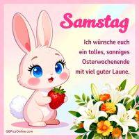 Niedliches Häschen mit Erdbeere neben Blumenstrauß und Gruß zum Samstag und sonnigem Osterwochenende
