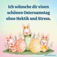 Grußkarte mit drei niedlichen Osterhasen und bunten Ostereiern auf pastelligem Hintergrund