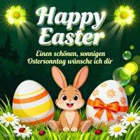 Ostergruß mit Häschen zwischen zwei bemalten Ostereiern, Gänseblümchen und Marienkäfern