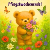 Ein kuscheliger Teddybär genießt die Freude des Frühlings, umgeben von bunten Blumen und flatternden Schmetterlingen.