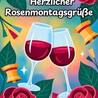 Bunte Rosenmontagsgrüße mit roten Rosen, Konfetti, Glocken und zwei anstoßenden Weingläsern
