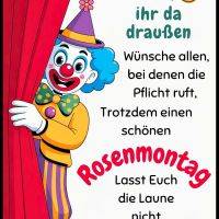 Clown schaut hinter rotem Vorhang hervor, daneben Grußtext zum Rosenmontag