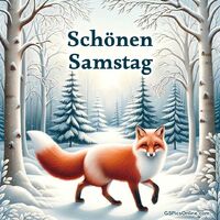 Ein freundlicher Fuchs läuft durch eine verschneite Winterlandschaft im sanften Illustrationsstil.
