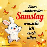 Niedlicher Hase auf goldenem Hintergrund mit Schmetterlingen und Gruß „Einen wundervollen Samstag“