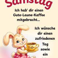 Niedlicher Hase in rosa Latzhose hält eine Tasse Kaffee und sendet Samstagsgrüße