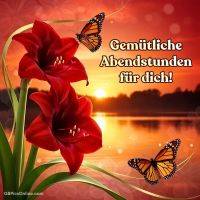 Rote Amaryllisblüten mit zwei Schmetterlingen vor Sonnenuntergang am See, mit Grußtext