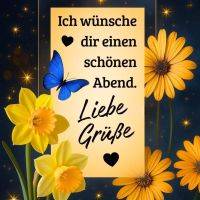 Grußkarte mit Blumen, blauem Schmetterling und Sternen; Text wünscht einen schönen Abend und Grüße