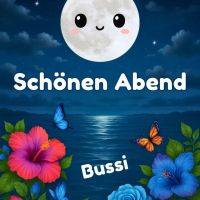 Nachtlandschaft mit lächelndem Mond über See, Sterne, Schmetterlinge und bunte Blumen mit Grußtext