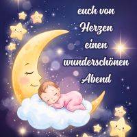 Schlafendes Baby auf Wolke neben lächelndem Mond, umgeben von funkelnden Sternen und Grußtext
