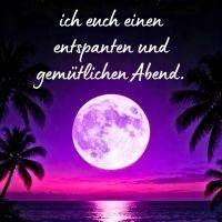 Violetter Nachthimmel mit großem Vollmond über dem Meer, Palmen-Silhouetten und Abendgruß
