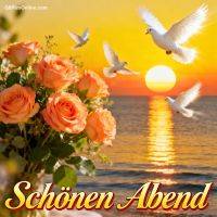 Rosenstrauß am Meer bei Sonnenuntergang, weiße Tauben fliegen im goldenen Himmel