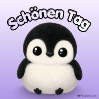 Niedlicher Pinguin mit großen Augen vor lila Hintergrund, darüber steht „Schönen Tag“