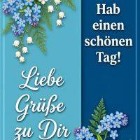 Blauer Gruß mit Vergissmeinnicht und Maiglöckchen, dazu liebe Wünsche für einen schönen Tag