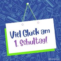 Bunte Schulsachen umrahmen eine fröhliche Botschaft für den neuen Lebensabschnitt.