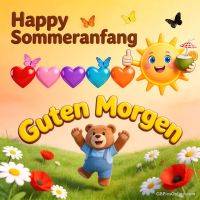 Fröhliche Sonne mit Drink, bunter Bär auf Blumenwiese, Schmetterlinge und Herzen, Gruß zum Sommeranfang
