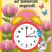 Eine fröhliche Erinnerung an die Zeitumstellung mit bunten Frühlingsblumen, niedlichen Schmetterlingen und einem süßen Häschen.