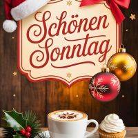 Weihnachtliche Szene mit „Schönen Sonntag“-Schild, Santa-Mütze, Kugeln, Kaffee, Cupcake und Tannenzweig