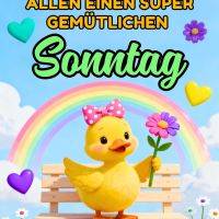 Niedliches Entlein mit Schleife hält eine Blume auf einer Bank vor Regenbogen und Herzen