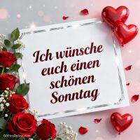 Grußkarte mit roten Rosen und Herzballons, mit Wunsch für einen schönen Sonntag