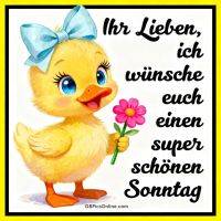 Niedliches gelbes Entlein mit blauer Schleife hält eine pinke Blume und wünscht einen schönen Sonntag