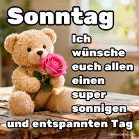 Teddybär hält eine pinke Rose auf Holztisch, daneben Sonntagsgruß in großer Schrift