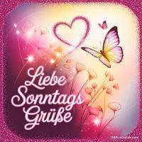 Rosa Grußmotiv mit glitzerndem Herz, Blüten und Schmetterling, dazu Schriftzug „Liebe Sonntagsgrüße“
