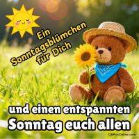 Teddybär mit Strohhut und blauem Halstuch hält eine Sonnenblume auf einer sonnigen Wiese