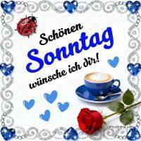 Glitzernder Rahmen mit blauen Herzen, Marienkäfer, Kaffeetasse und roter Rose sowie Sonntagsgruß