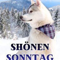 Husky mit kariertem Halstuch im verschneiten Wald, mit Gruß „Schönen Sonntag“ unten