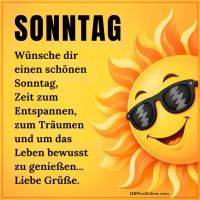 Gelbe Sonne mit Sonnenbrille auf orangegelbem Hintergrund und Grußtext zum Sonntag