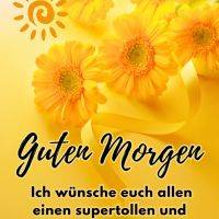 Gelbe Gerbera mit Schleife und Sonnen-Symbol, dazu Morgengruß für einen schönen Sonntag