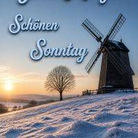 Verschneite Landschaft bei Sonnenaufgang mit Windmühle und Baum, darüber Grußtext