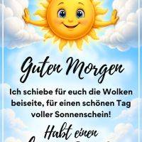 Lachende Sonne schiebt Wolken beiseite am blauen Himmel, darunter ein Guten-Morgen-Gruß zum Sonntag