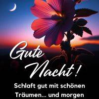 Leuchtende Blüte im Abendhimmel mit Mondsichel und Gute-Nacht-Grußtext