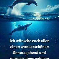 Delfin springt nachts aus dem Meer vor hellem Vollmond, darunter schwimmen weitere Delfine im blauen Wasser