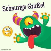 Grünes Cartoon-Monster mit Hörnern und heraushängender Zunge winkt; daneben ein verunsichertes Smiley