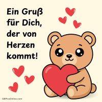 Niedlicher Teddy hält ein rotes Herz, umgeben von kleinen Herzen und Grußtext