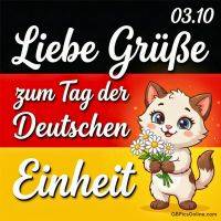 Grußkarte in Schwarz-Rot-Gold mit Kätzchen und Blumen zum Tag der deutschen Einheit am 03.10