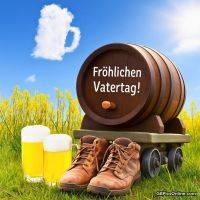 Ein Bierfass mit „Fröhlichen Vatertag!“, zwei Gläser Bier, Wanderschuhe und eine Bierkrug-Wolke auf der Wiese