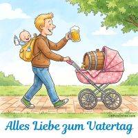 Vater schiebt Kinderwagen mit Bierfass, trägt Baby im Rucksack und hält Bierkrug; Gruß zum Vatertag