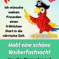 Ein bunter Papagei bereit für Karneval, wünscht allen eine ausgelassene Feierzeit.