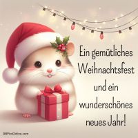 Ein niedlicher Hamster in festlicher Stimmung bringt Weihnachtsfreude und ein Geschenk.