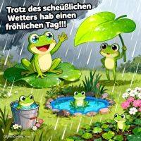 Fröhliche Frösche im Regen, einer sitzt auf Seerose, ein anderer hält ein Blatt als Schirm, Teich und Blumen