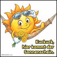 Fröhliche Sonne mit Sonnenbrille in einer Hängematte, hält gelbe Blumen und lächelt