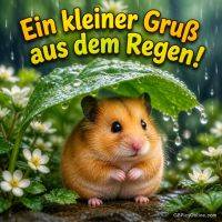 Niedlicher Hamster sitzt im Regen unter einem großen Blatt mit Wassertropfen, umgeben von weißen Blüten