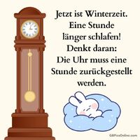 Eine klassische Standuhr neben einem süßen schlafenden Hasen erinnert uns an die Zeitumstellung im Winter.