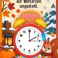 Herbst- und Wintermotiv mit Wecker zur Zeitumstellung, Eichhörnchen mit Eichel, Laub und Schnee